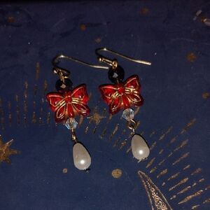 Elegant Red Vintage Style Beaded Butterfly Earrings
